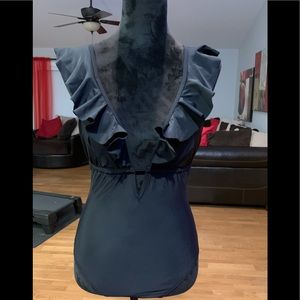 Cupshe Ruffled Rushed Plunge Tummy Control Black One Piece